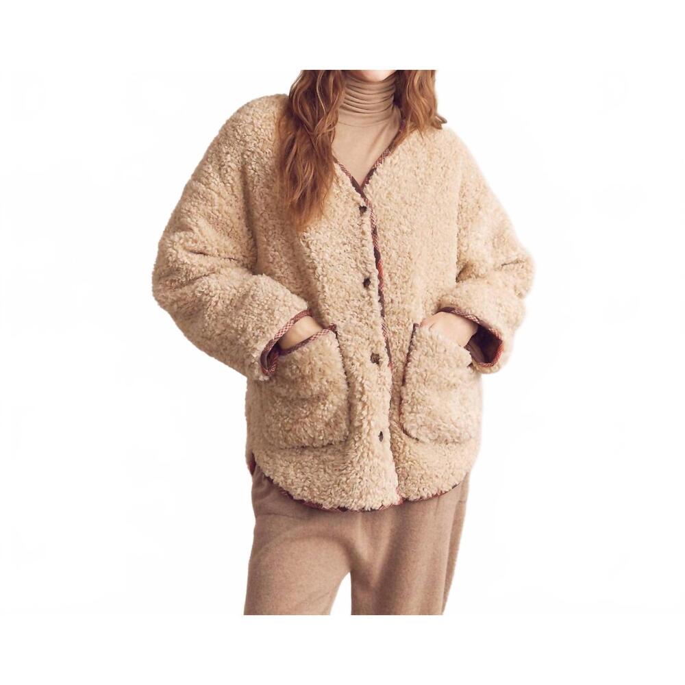 NEW AMENTE sherpa reversible coat in brown/oatmeal - Picture 2 of 9